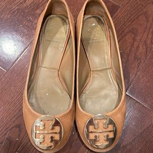 Tory Burch Reva Ballet Tumbled Leather Shoes Royal Tan Size 8.5